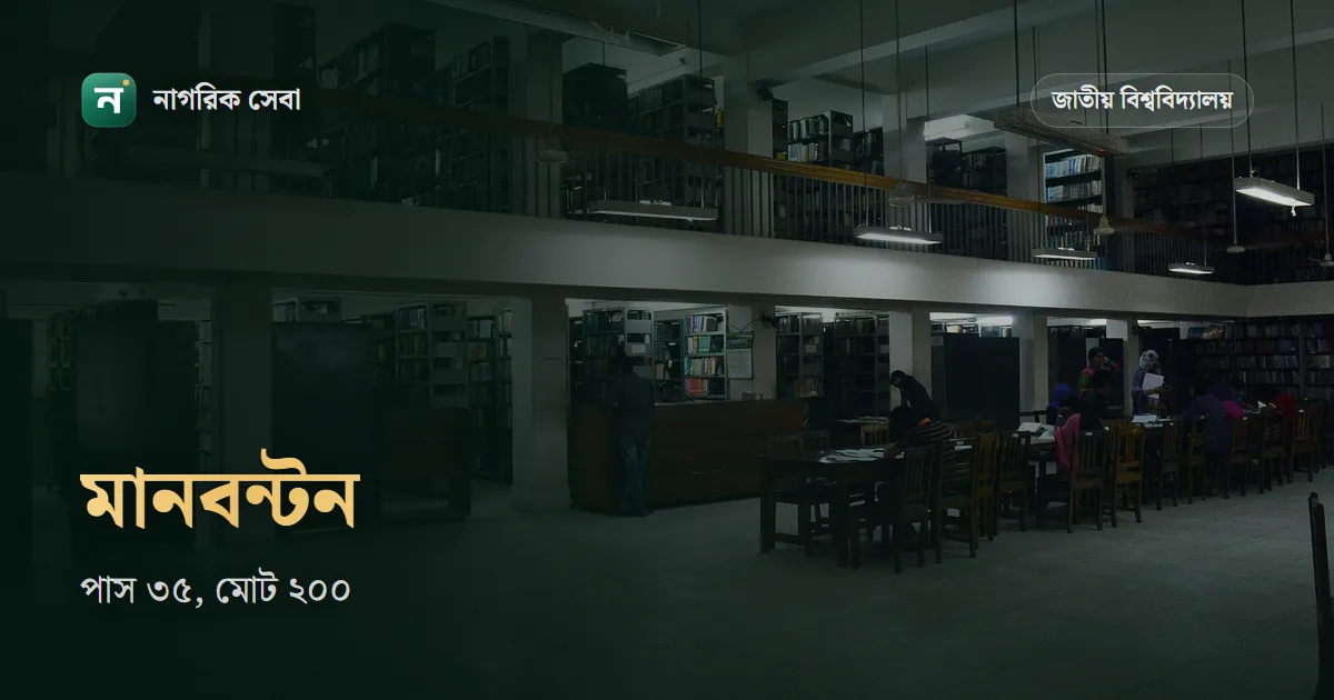 জাতীয় বিশ্ববিদ্যালয় ভর্তি পরীক্ষার মানবন্টন: বাংলা ২০, ইংরেজি ২০, সাধারণ জ্ঞান ২০, শাখার বিষয় ৪০, পাস ৩৫ আর ২০০ নম্বরের মেধাতালিকা